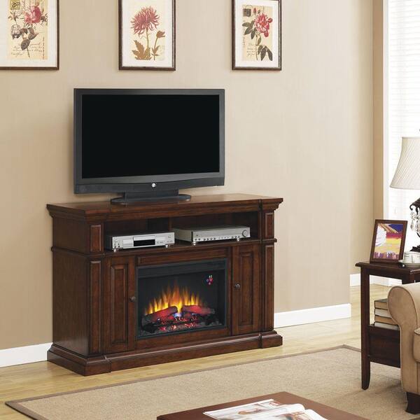 Hampton Bay Chatham 56 In Media Console Electric Fireplace In Mahogany 82315 The Home Depot