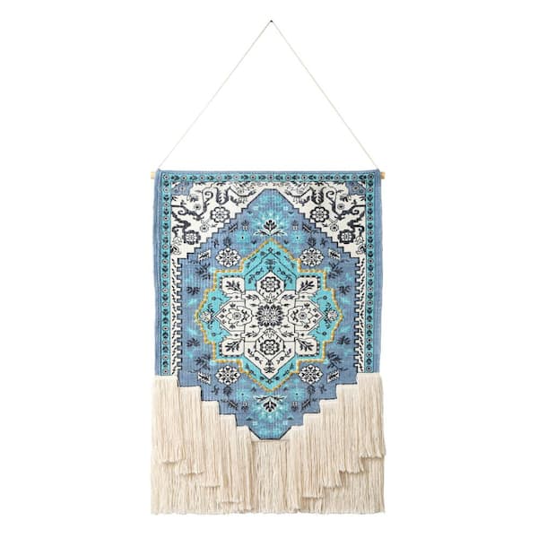Unbranded Woven 19.5 in. x 35.5 in. Teal / Blue Bright Boho Floral Macrame Fringe Wall Hanging