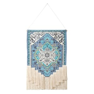 Bright 25.5 in. x 45 in. Teal / Blue / White Boho Floral Woven Macrame Fringe Wall Hanging