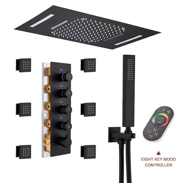 Unbranded Luxury 4-Spray Patterns 15 in. Ceiling Mount Rainfall Dual Shower Heads with 6-Jet LED and Music in Matte Black