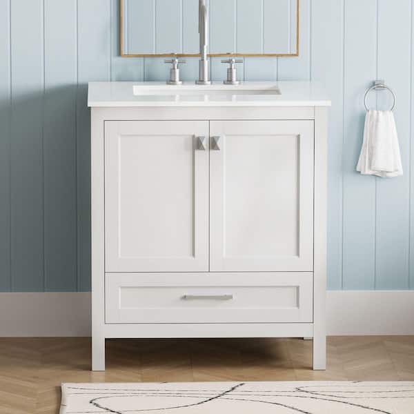 30 in. W Modern Bath Vanity in White, Carrara White Cultured Marble Top, Single Ceramic Sink, Soft-Close Door, Assembled