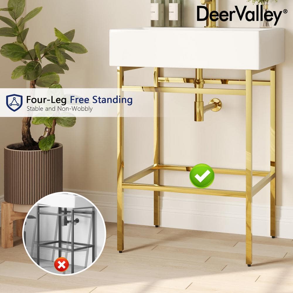 24" White Ceramic Console Sink with Gold Legs
