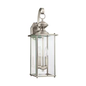 Jamestown 2-Light Antique Brushed Nickel Outdoor 20.25 in. Wall Lantern Sconce with Dimmable Candelabra LED Bulb