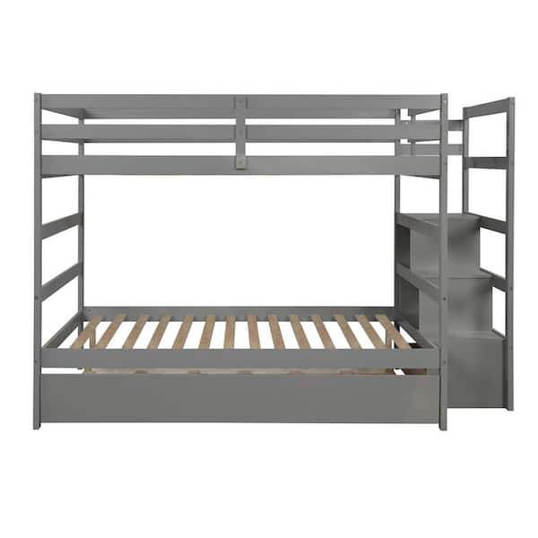 Modern Gray Full Over Full Size Bunk Bed with Twin Size Trundle, Wooden Triple Bunk Bed with Storage Drawer for Kids