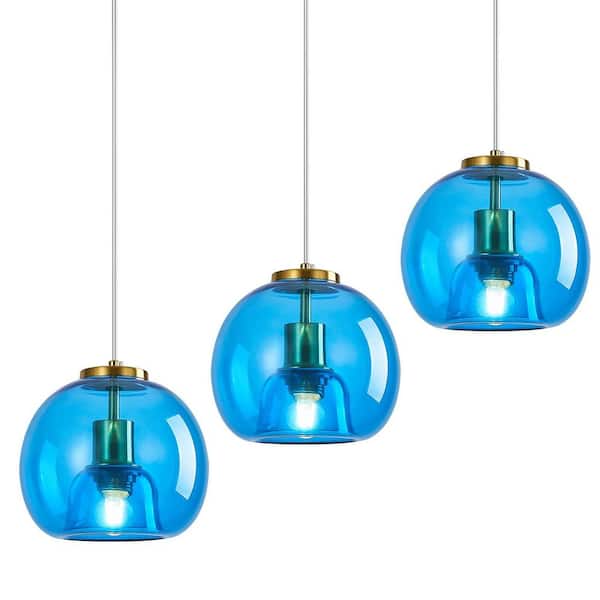 Home Lighting 60W 3-Light Blue Glass Modern Pendant Light Kitchen Island Gold Hanging Light