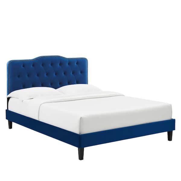 MODWAY Amber in Navy Blue Tufted Performance Velvet Frame King Platform Bed