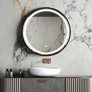 32 in. W x 32 in. H Small Round Frameless LED Lighted Wall Mounted Bathroom Vanity Mirror in Black