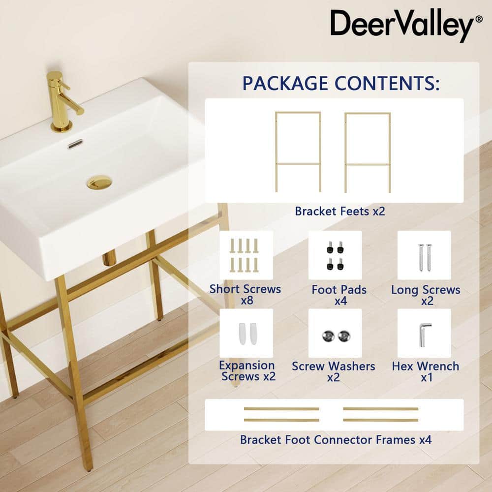 24" White Ceramic Console Sink with Gold Legs