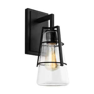 Adelaide 5 in. 1-Light Matte Black Craftsman Transitional Wall Sconce Bathroom Light with Clear Seeded Glass Shade