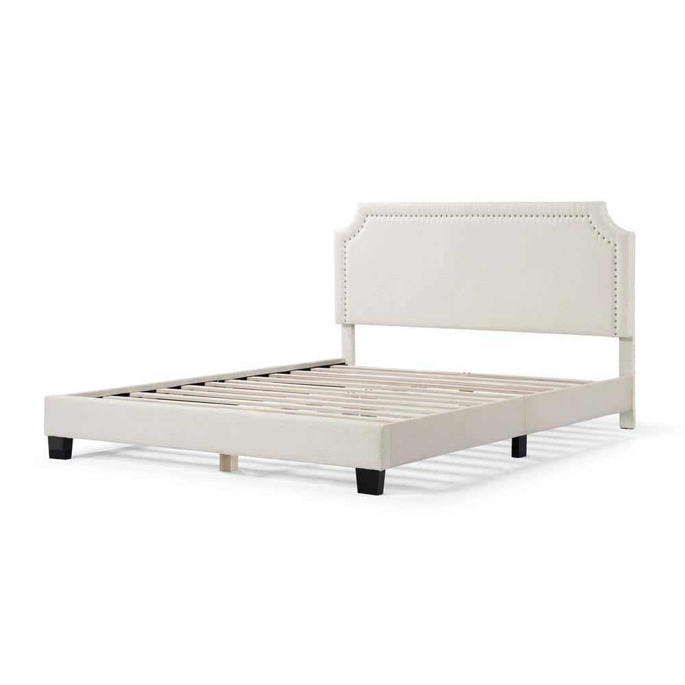 White Boucle Upholstered Queen Bed with Nailhead Trim and Wood Frame