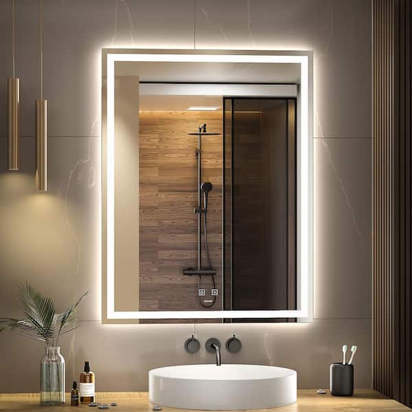 GP GANPE GANPE 28 in. W x 36 in. H Large Rectangular Frameless Dimmable Anti-Fog Wall Bathroom Vanity Mirror in Sliver