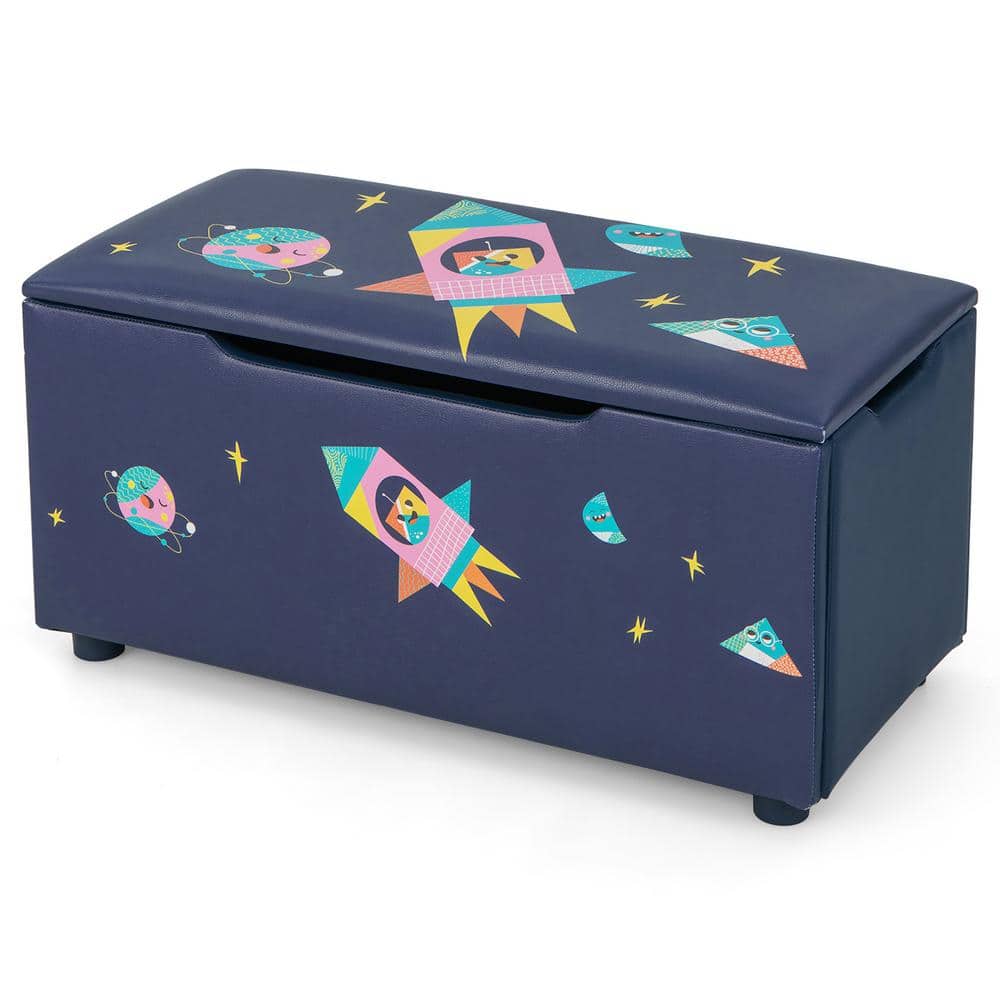 Costway Navy Kids Upholstered Storage Ottoman Bedroom