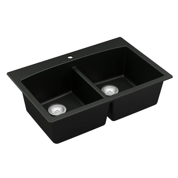 Black Quartz Kitchen Sink Double Bowl Drop-In Sink with Drain Board