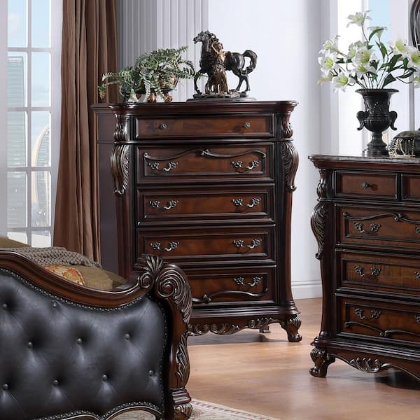 Furniture of America Feliciano Dark Cherry 5-Drawer 43 in. Chest of Drawers with Sintered Marble Top and Carved Details