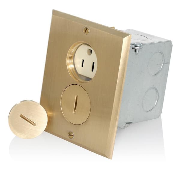 Leviton 15 Amp 125 V Floor Box Assembly Duplex Outlet/Receptacle, Ivory/Brass (1-Pack) 25249-FBA