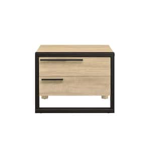 Erasto 22 in. Oak and Black Finish Rectangle Wood End Table with Storage Drawers and Metal Hardware