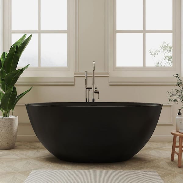 Verna 55 in. x 30 in. Stone Resin Freestanding Soaking Bathtub in Black