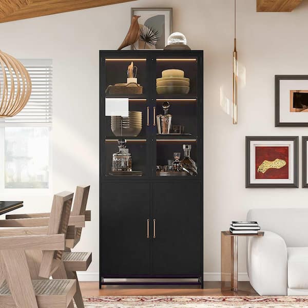 Black 76.75 in. Accent Cabinet, Pantry Cabinet with Glass Doors and LED Lights, 3-Sided Glass