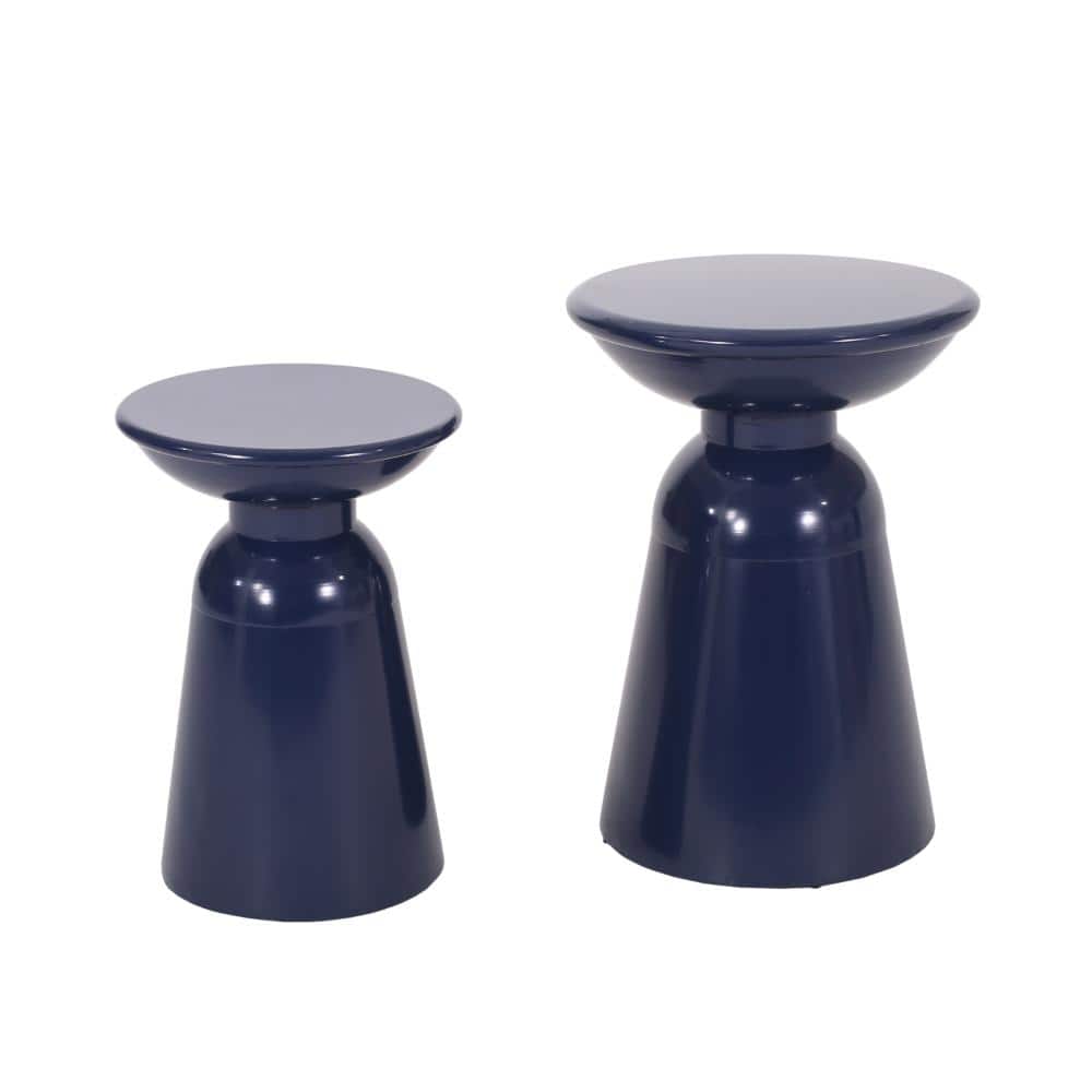Set of 2 Outdoor Iron Side Tables, Round Pedestal Accent Tables with Flared Design for Patio & Garden, Navy Blue price history on PriceWatchPro