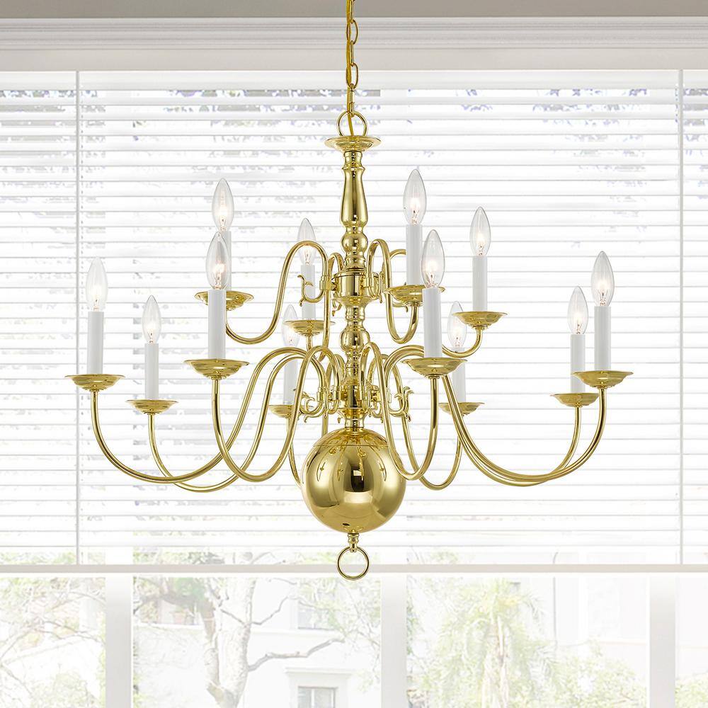 Elegant Colonial 12-Light Polished Brass Chandelier with Candelabra Base