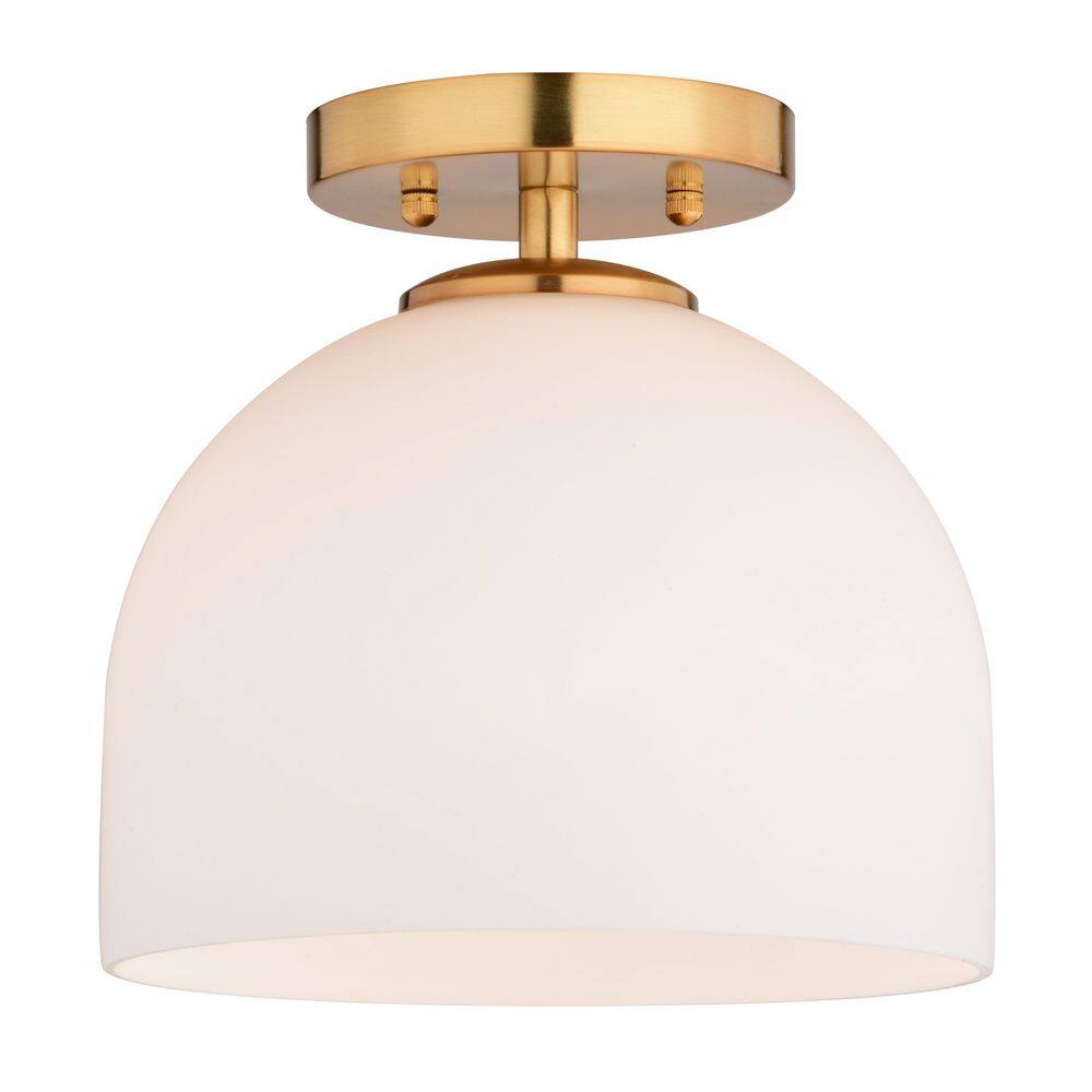 Shelby 9.25-Inch Brass and White Glass Semi-Flush Mount Light