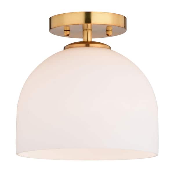 Shelby 9.25 in. W Gold Brass Transitional Semi Flush Mount Ceiling Light White Glass