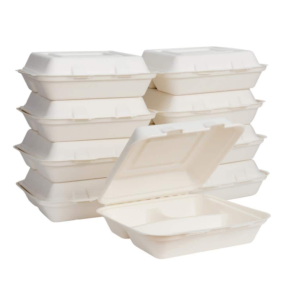 10 in. White Sugarcane Sectional Clamshell Containers (300 Pack ...