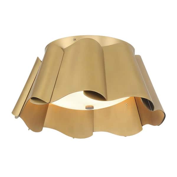 Waveform 14 in. 3-Light Legacy Brass Contemporary Flush Mount with Etched Seeded Glass and Metal Shades No Bulb Included