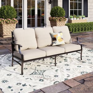 Black Metal Meshed Frame Outdoor Patio 3 Seat Sofa Couch with Beige Cushions