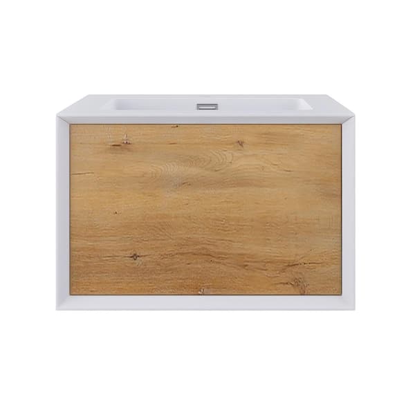 JimsMaison 24 in. W x 19 in. D x 16 in. H Wall-Mounted Bath Vanity Set in White and Oak with White Solid Surface Top