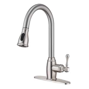 Single-Handle 2-Patterns Tulip Spray Wand High Arc Pull Down Sprayer Kitchen Faucet Deck Mount in Brushed Nickel