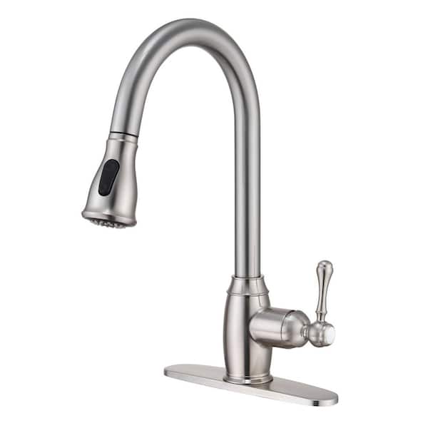 Mondawe Single-Handle 2-Patterns Tulip Spray Wand High Arc Pull Down Sprayer Kitchen Faucet Deck Mount in Brushed Nickel