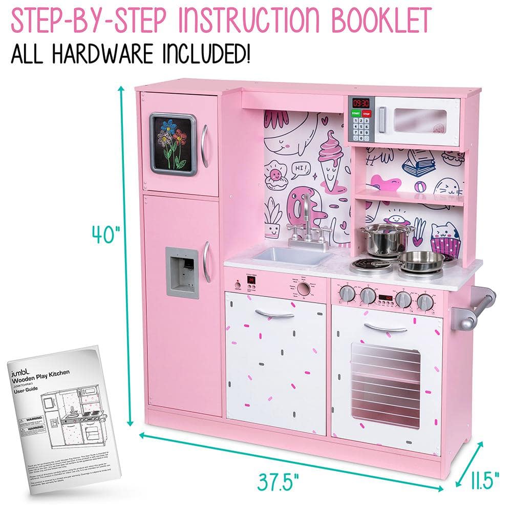 Pink Wooden Play Kitchen Set with Realistic Sounds