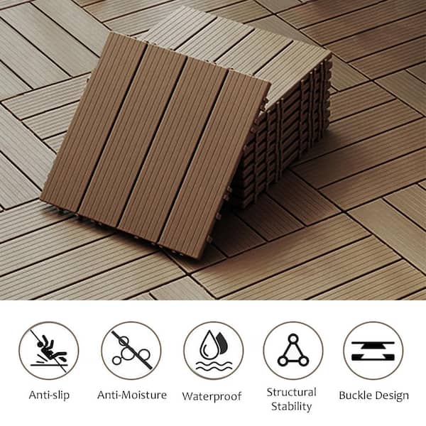 GOGEXX 12 in. W x 12 in. L Outdoor Stripe Plastic Composite Flooring Deck Tiles (35 Per Box), Brown