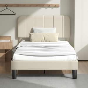 Upholstered Bed Frame, Twin Platform Bed Frame with Adjustable Headboard, Strong Wooden Slats Support, Beige