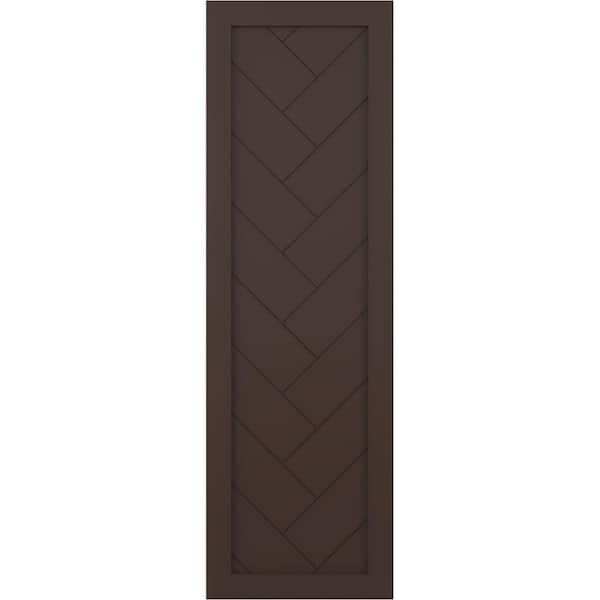 Ekena Millwork 18 in. x 67 in. PVC Single Panel Herringbone Modern Style Fixed Mount Board and Batten Shutters Pair in Raisin Brown