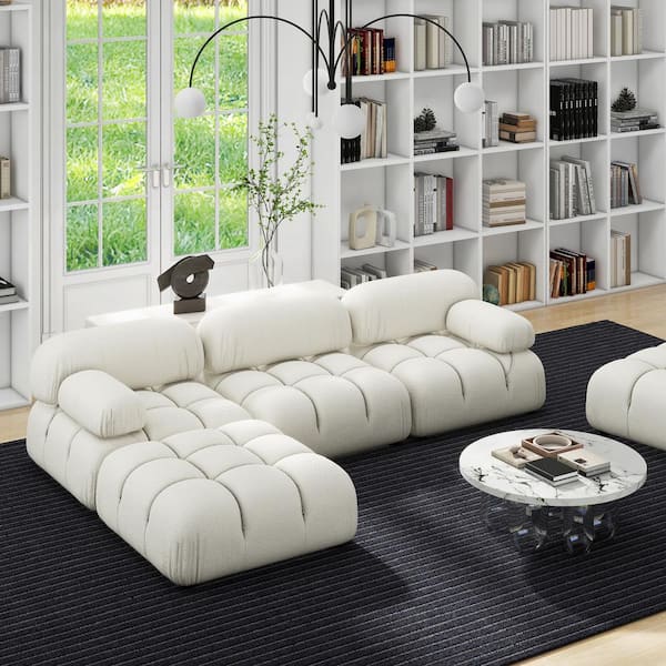 Marcel 109.5 in. W Round Arm Modular Modern 4-Piece Boucle Fabric Reversible Sectional Sofa in Ivory White