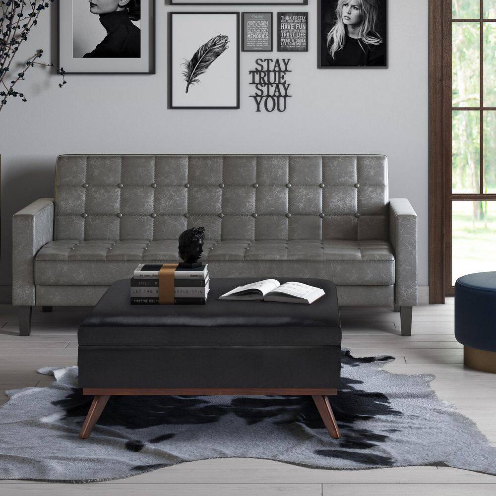 Owen 36" Midnight Black Faux Leather Storage Ottoman Coffee Table