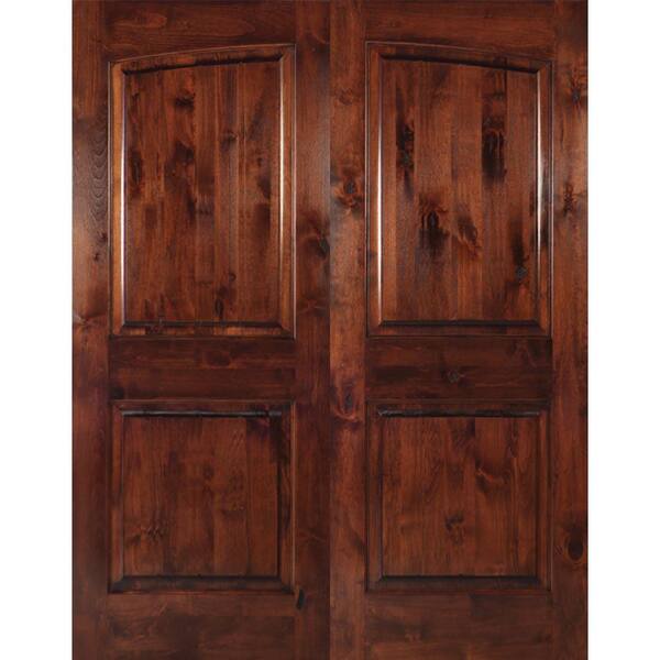 Krosswood Doors 72 in. x 80 in. Rustic Knotty Alder 2-Panel Common Arch Red Chestnut Stain Right-Hand Wood Double Prehung Front Door