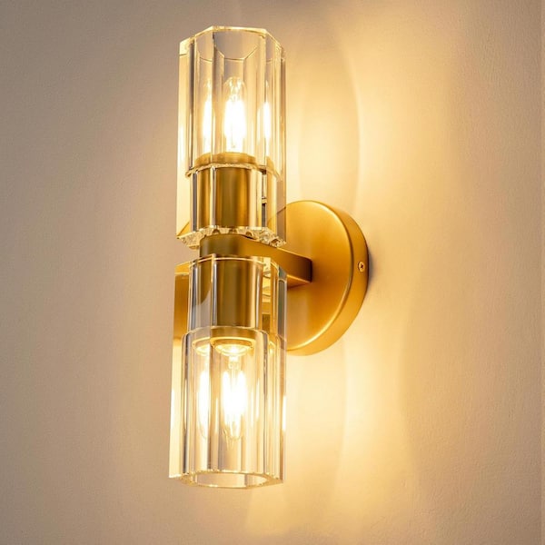 13 in. 2 Light Gold Wall Sconce with K9 Crystal Lampshade, Luxury Wall Light for Bedroom, Dining Room, Living Room