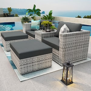 Gray 5-Pieces Wicker Outdoor Sectional Set with Dark Gray Cushions, 2 Pillows and Protection Cover