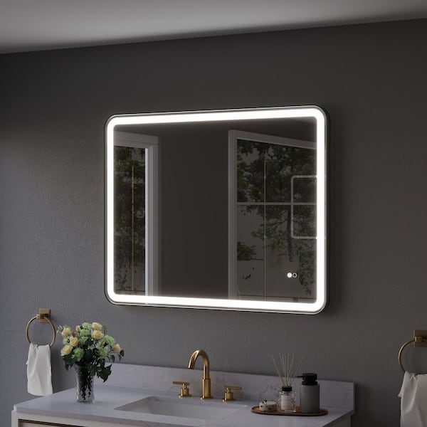 ANGELES HOME 40 in. W x 32 in. H Rectangular Aluminum Framed Wall Mount LED Light Bathroom Vanity Mirror in Matte Black, Round Corner