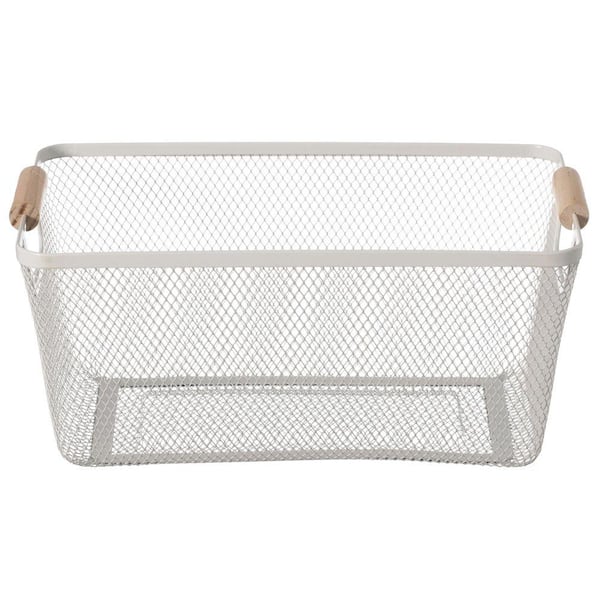 Set of 3 White Small Metal Mesh Cube Storage Bin Basket with Wooden Handle, 4 in. H x 9.75 in. W x 6.75 in. D