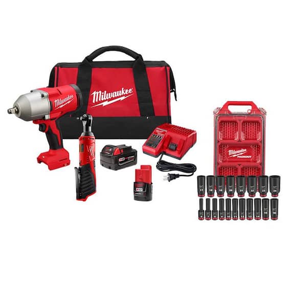 M12/M18V Lithium-Ion Cordless 3/8 in. Ratchet, 1/2 in. High Torque Impact Wrench w/ Friction Ring Combo Kit & Socket Set