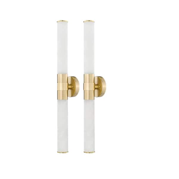 26.77 in. 2 Light Gold Vanity Light with Marble Alabaster Wall Sconce Glass Shade 2PK