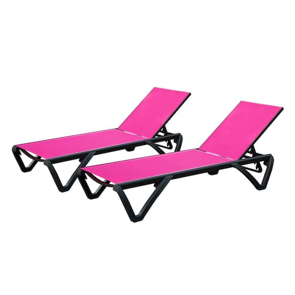 Clihome Aluminum Plastic Rose Red Patio Chaise LoungeSet of 2 with 5 Position Adjustable Backrest and Wheels