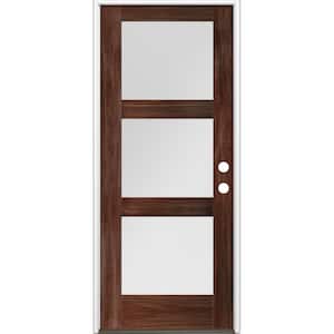 36 in. x 80 in. Modern Douglas Fir 3-Lite Left-Hand/Inswing Frosted Glass Red Mahogany Stain Wood Prehung Front Door