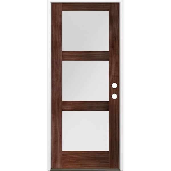 Krosswood Doors 36 in. x 80 in. Modern Hemlock 3-Lite Left-Hand/Inswing Frosted Glass Red Mahogany Stain Wood Prehung Front Door