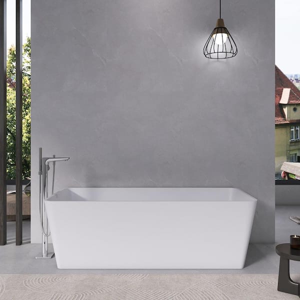 ANGELES HOME 67 in. x 31.5 in. Stone Resin Solid Surface Freestanding Soaking Bathtub with Drain in Matte White