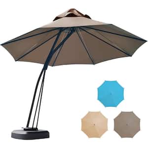 11 ft. Outdoor Cantilever Hanging Umbrella with Base and Wheels in Tan